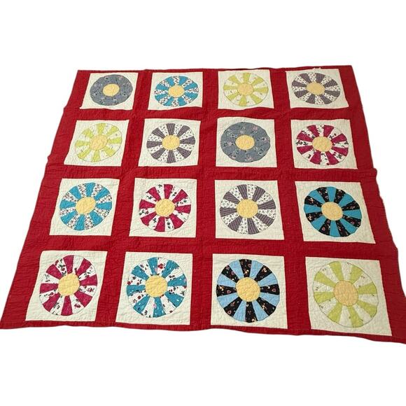 Antique Vintage Dresden Plate Quilt Red Sashing Hand Stitched 66x74” Patchwork - Picture 2 of 14